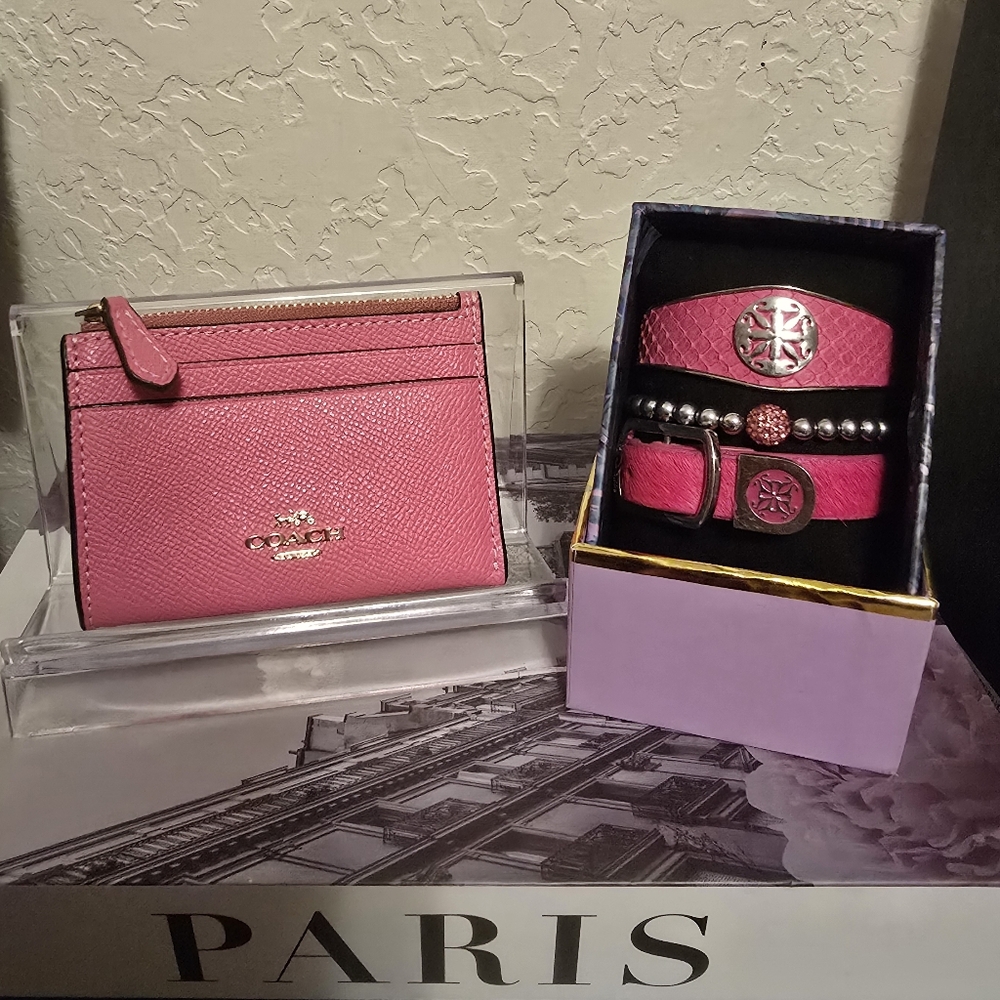 Coach Pink Mini Id Skinny Xgrain Leather Card Holder & Rustic Cuff Exotic Set